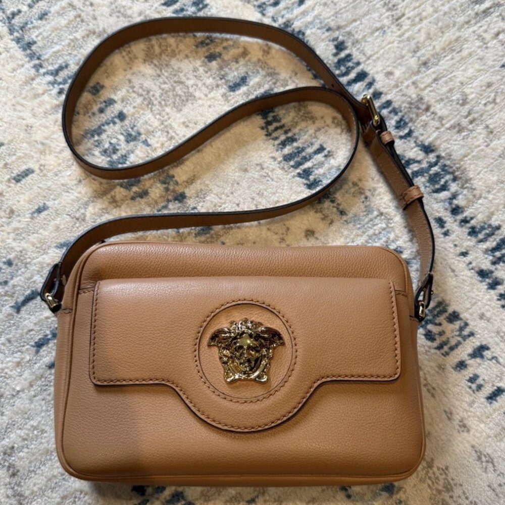 Versace Medusa Leather Camera Shoulder Crossbody Bag Caramel Tan